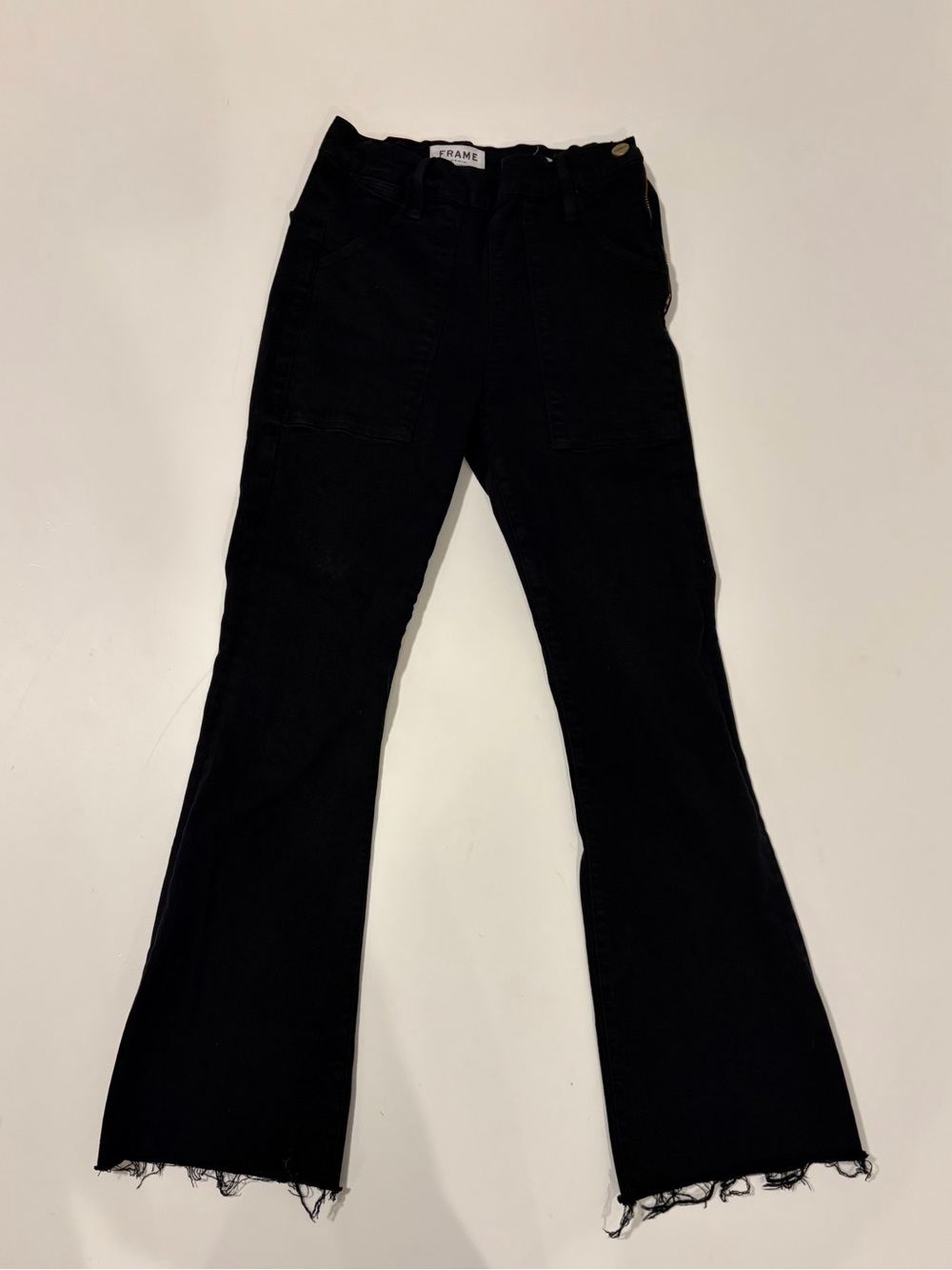 Frame Denim Black Flare Jeans with Raw Hem